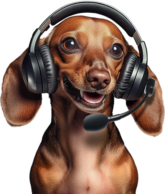 Dachshund da Chef Pequenas Patas com fone de atendente de call center